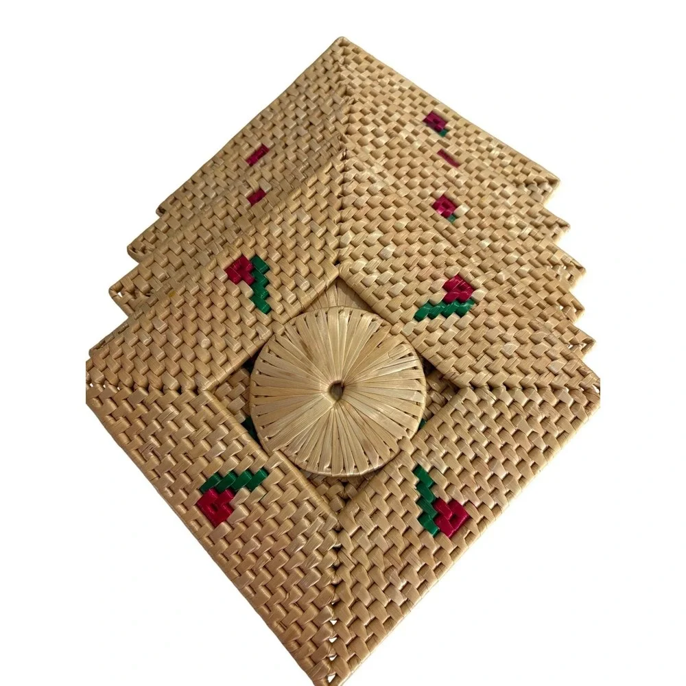 Vintage Woven Raffia Straw Coasters Set of 4 Floral Embroidery Boho Cottagecore